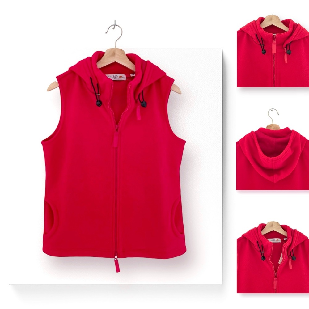 Marisa Christina Fleece Vest Removable Hood Full Zip Red Pockets High Neck